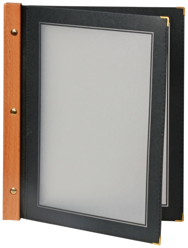 Speisekartenmappe, Kasten (35 x 27 x 35 cm) mit 20 Mappen (32 x 26 cm), Holz