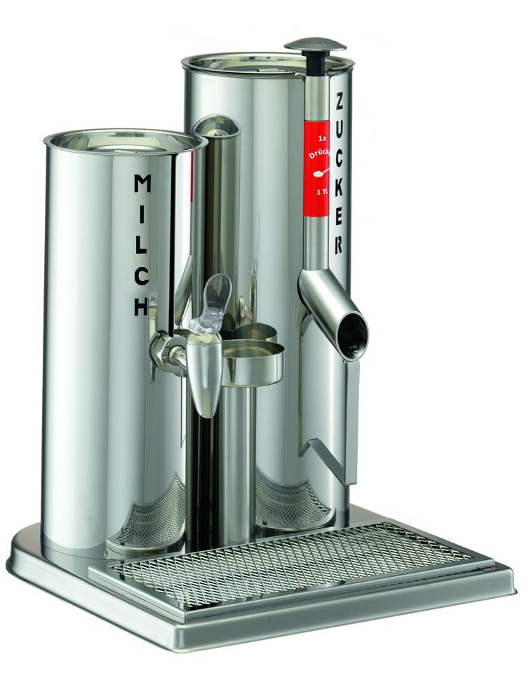 GASTRO Trio Kaffeesahne-, Streuzucker-Spender 2 ltr./ 1 kg, Edelstahlgehäuse, L: 340 mm, B: 335 mm, H: 445 mm