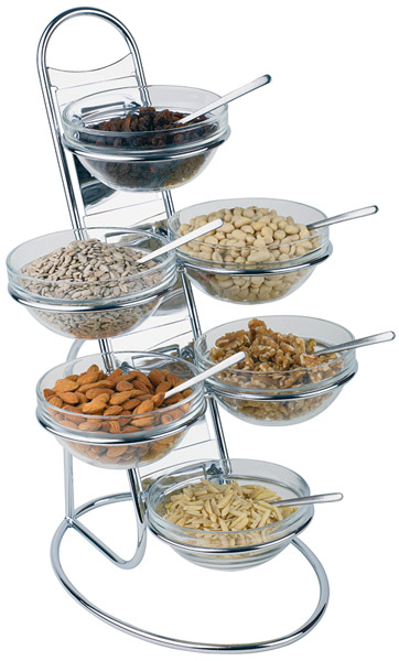 Buffetleiter LITTLE, D: 30 cm , H: 48 cm, 4-stufig, Metall verchromt, 11-teiliges-Set, 6 Glasschalen