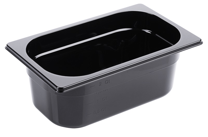 GN-Behälter 1/4, Polycarbonat schwarz, 26,5 x 16,2 cm Tiefe: 100 mm, I: 2,89 ltr.