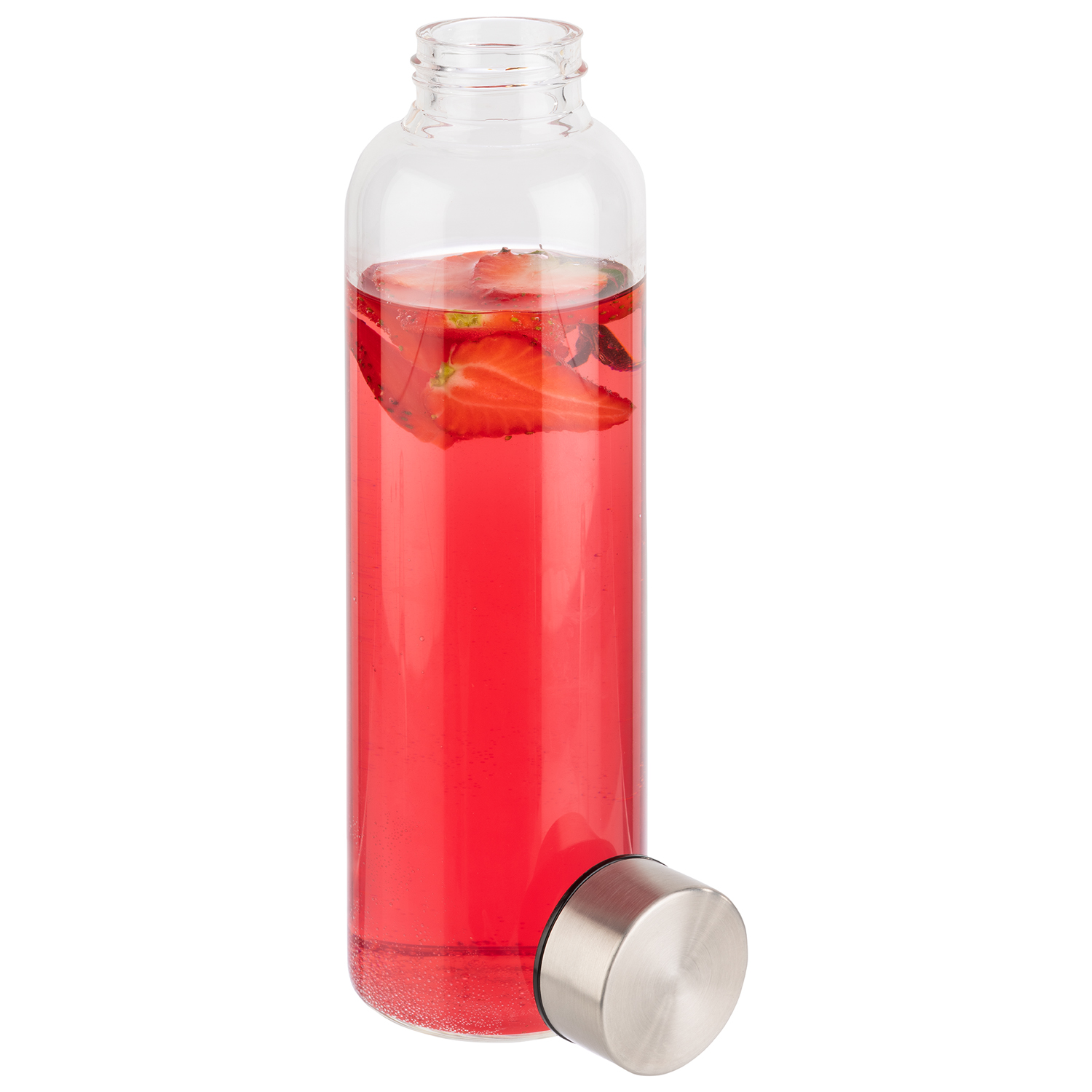 Trinkflasche m. Schraubverschluss, Glas, Edelstahl, PP, D: 6,5 cm, H: 23,5 cm, I: 0,55 ltr.