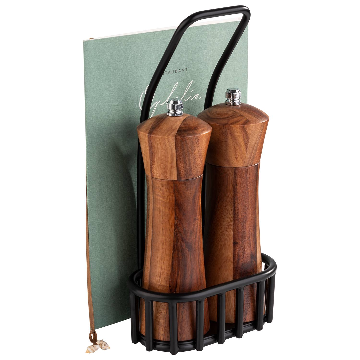 Pfeffer- u. Salz-Menage, 3-teilig, Holz/ Metall, 12 x 8,5 x 24 cm