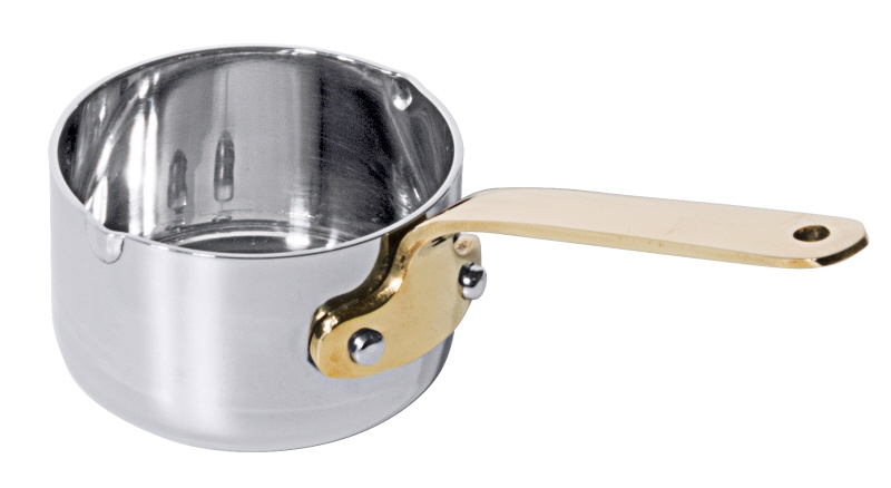 Stielkasserolle, flach, Edelstahl mit Messinggriff, I: 0,05 ltr., D: 5 cm, H: 3 cm, Stiellänge: 7 cm