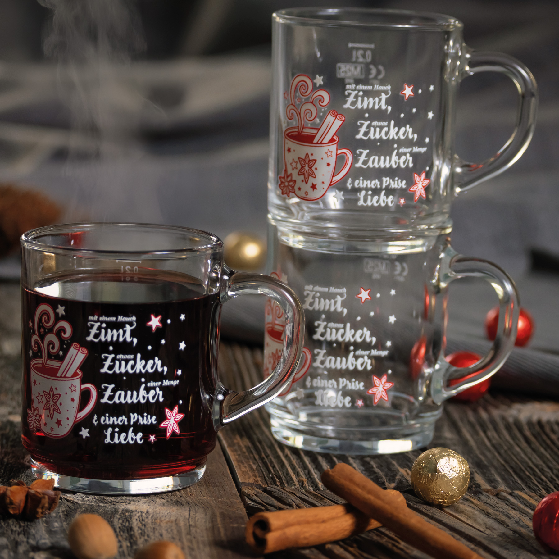 Tee-, Glühweinbecher Dekor stpb. 25 cl m. Füllstrich 0.2 ltr. |-|, Inhalt: 250 ml, H: 89 mm, D: 72 mm