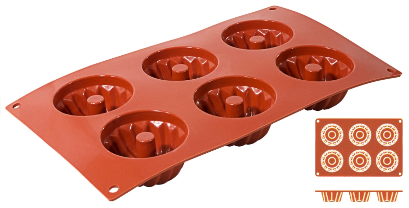 Silikon-Backmatte Gugelhupf, 6 Formen, D: 7 cm, H: 3,5 cm