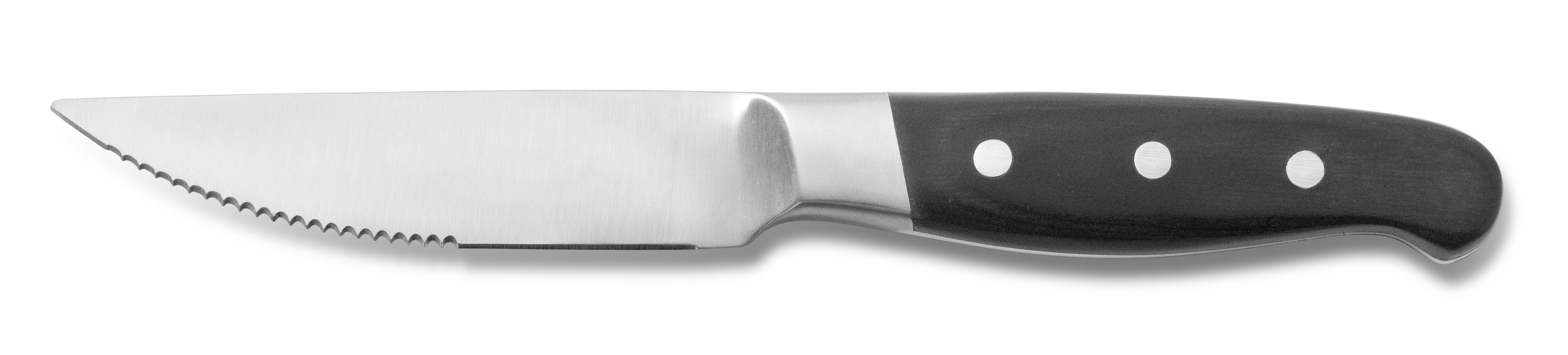 Comas, Aconcagua : Schwarz - Steakmesser massiv ChrSt., gezahnte Schneide, Holzgriff, 258 mm