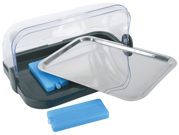 Buffetvitrine, 44 x 32 cm, H: 20,5 cm, 1 Edelstahl-Tabletts, 1 Rollhaube, schwarz