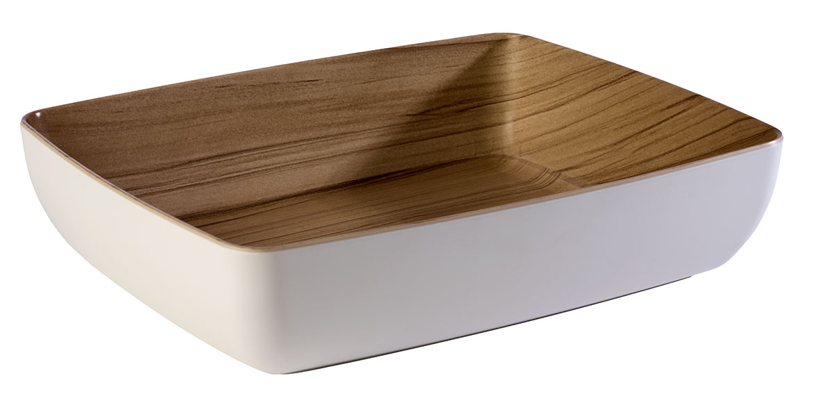 GN 1/2 Schale FRIDA 32,5 x 26,5 cm, H: 7,5 cm, 4 ltr., Melamin, außen: weiss, innen: Holzoptik