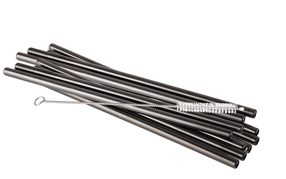 Trinkhalm, 11er Set, Edelstahl, D: 8 mm, Länge: 21,5 cm, Farbe: gunmetal-look