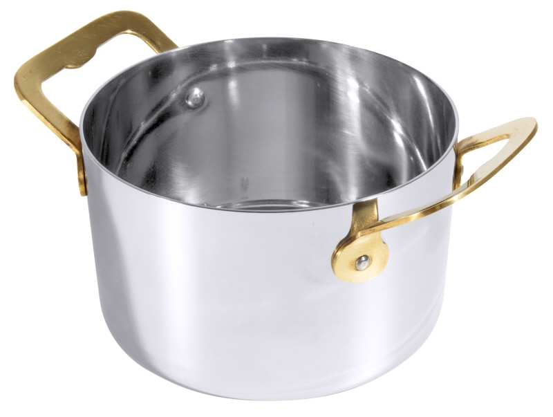 Cocotte, Edelstahl mit Messinggriff, I: 0,35 ltr., D: 8,5 cm, H: 5,8 cm