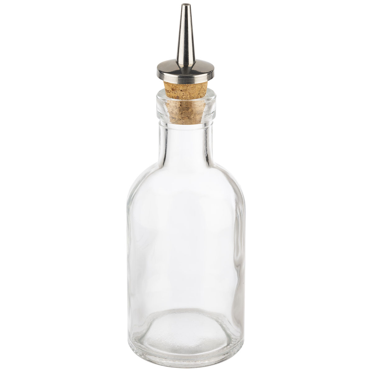 Essig-, Oelflasche, Glasbehaelter, Ausgiesser aus Kork, Edelstahl, D: 5 cm, H: 15,5 cm, I: 100 ml