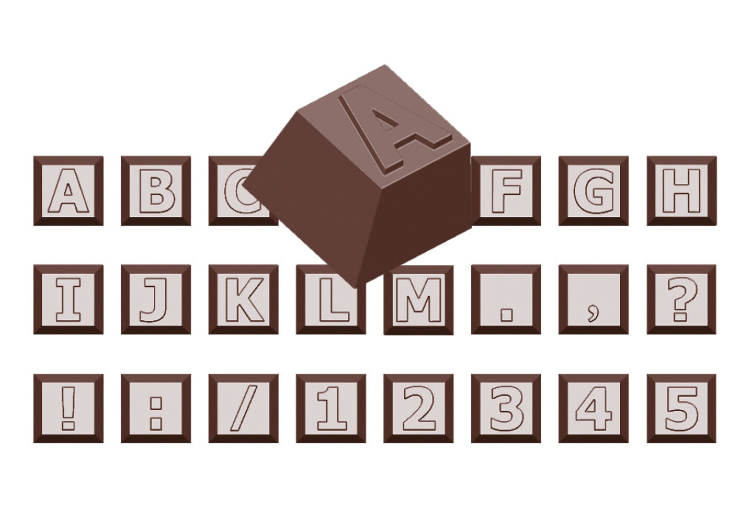 Schokoladen- Form A - M, 1 - 5, Satzzeichen, 275 x 135 mm, 3 x 8 Stück/ 24 Fig. 26 x 26 x 18,5 mm