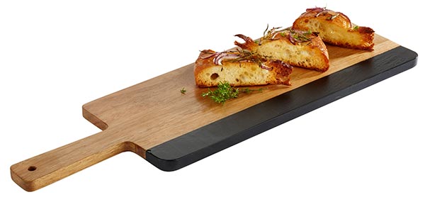 Servierbrett AKAZIE SCHIEFER, GENUSSPALETTE 42 x 18 cm, H: 1,5 cm Akazienholz, Naturschiefer mit Hängeloch: D: 1 cm