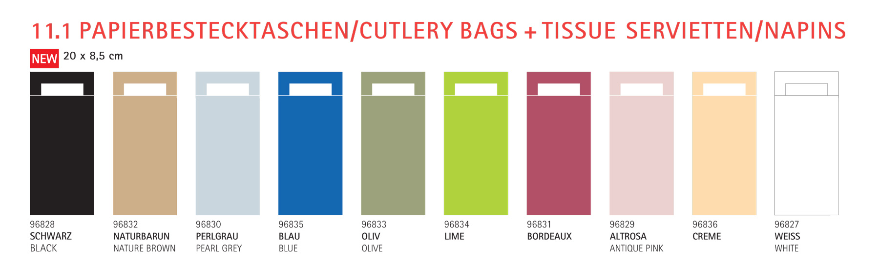 Papierbestecktaschen 20 x 8,5 cm m. Tissue Serviette