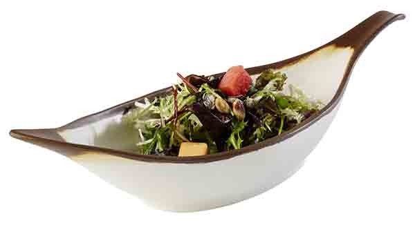 Blattschale CROCKER 42 x 14 cm, H: 9,5 cm, 0,65 ltr., Melamin, creme, Tonoptik, brauner Rand