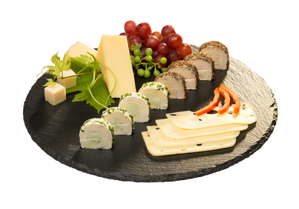 Tortenplatte / Servierplatte D: 32 cm, H: 2,5 cm, Naturschieferplatte, drehbar, gebrochene Kanten