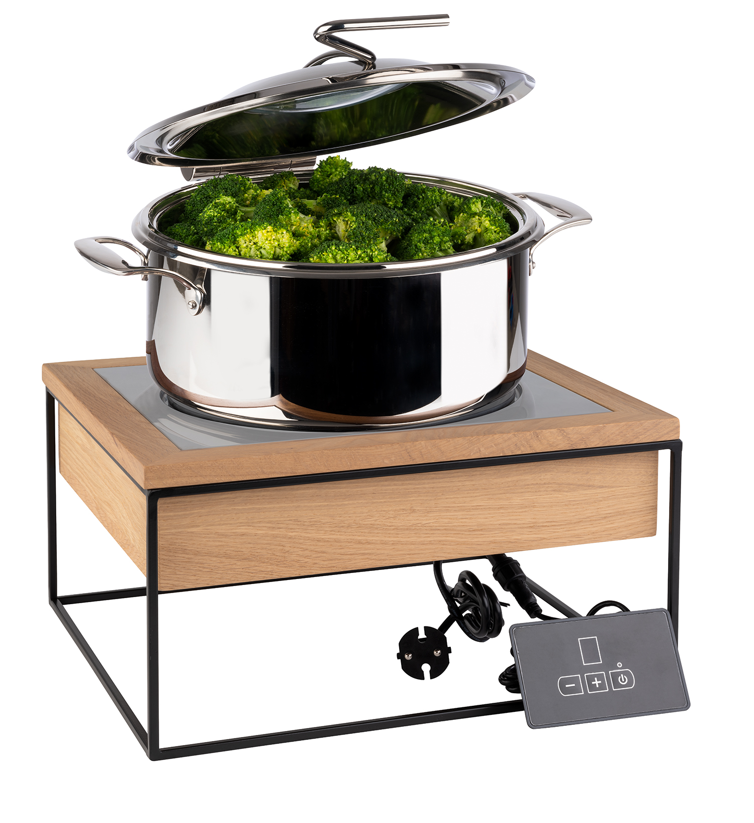 Induktionsstation, 4-tlg. Set, Metall/ Holz, Kochplatte 24 cm - 900 Watt, 35,4 x 32,5 x 19 cm