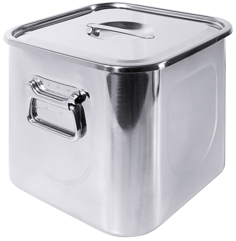 Vorratsbehälter mit Deckel und Fallgriffen, I: 7,5 ltr., 20 x 20 x 20 cm, Edelstahl
