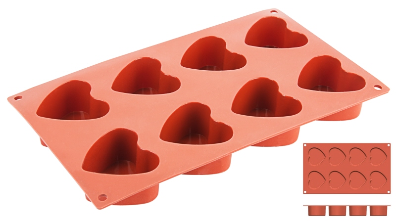 Silikon-Backmatte Herz, 8 Formen, D: 6 cm, H: 3,5 cm
