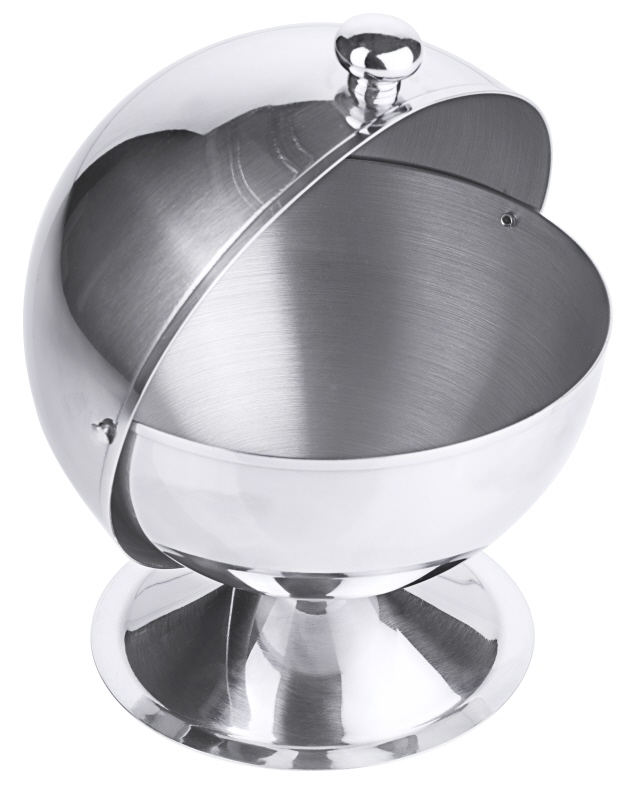 Zuckerkugel, Scharnierdeckel, Kugelgriff, Edelstahl, D: 13 cm, H: 14,5 cm