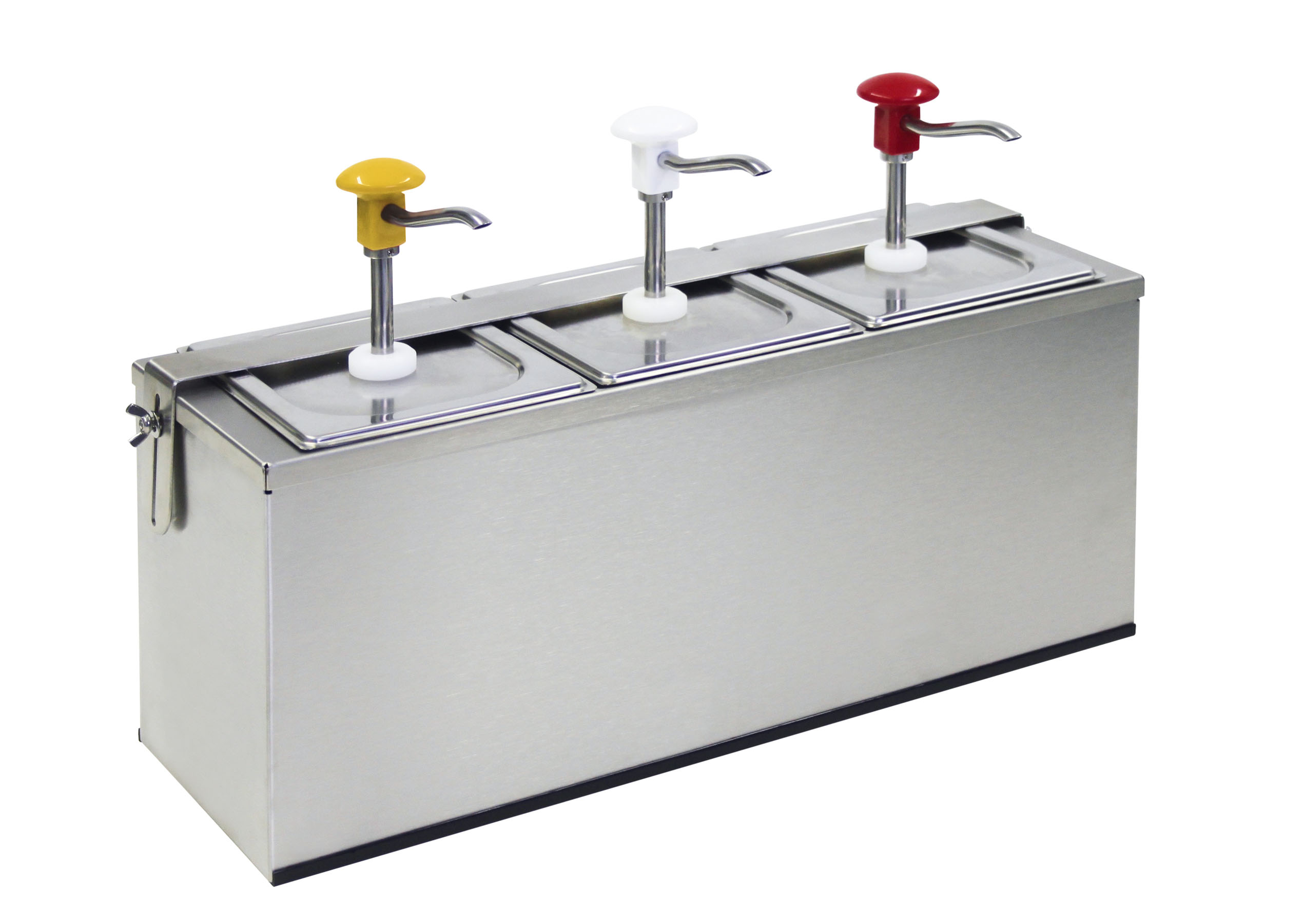 Druckknopf- Dosierspender mit GN-Behälter Cool, 3-fach weiss/ rot/ gelb, Inh. 3 x 3 ltr., 585 x 185 x 375 mm