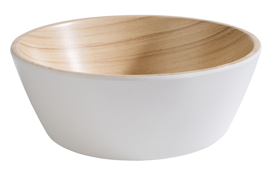 Schale FRIDA, Melamin, D: 15 cm, H: 5,5 cm, I: 0,44 ltr., innen: Holzoptik, außen: weiss