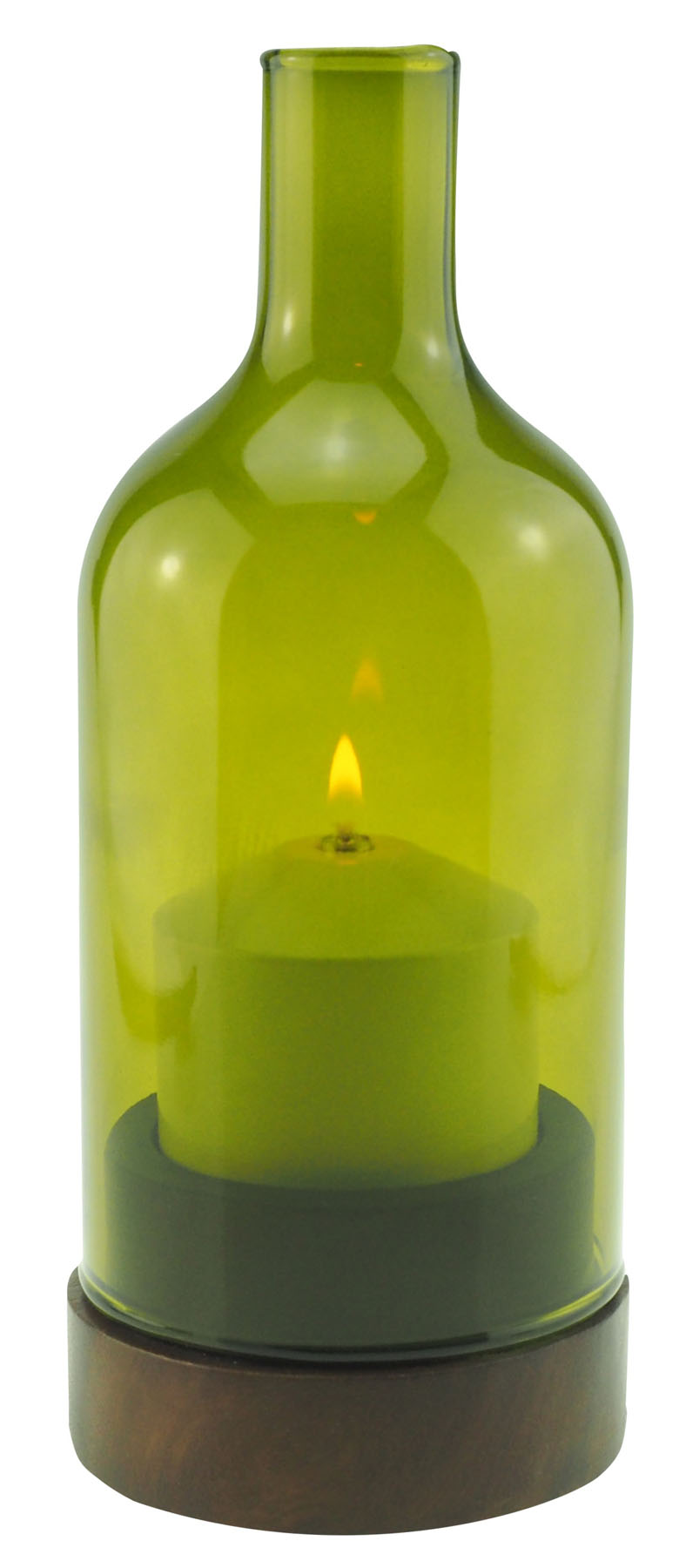 Tischlampe Ino Wood 80K, Lampenkörper: Holz braun, Glaszylinder: grün, Höhe: 21,5 cm