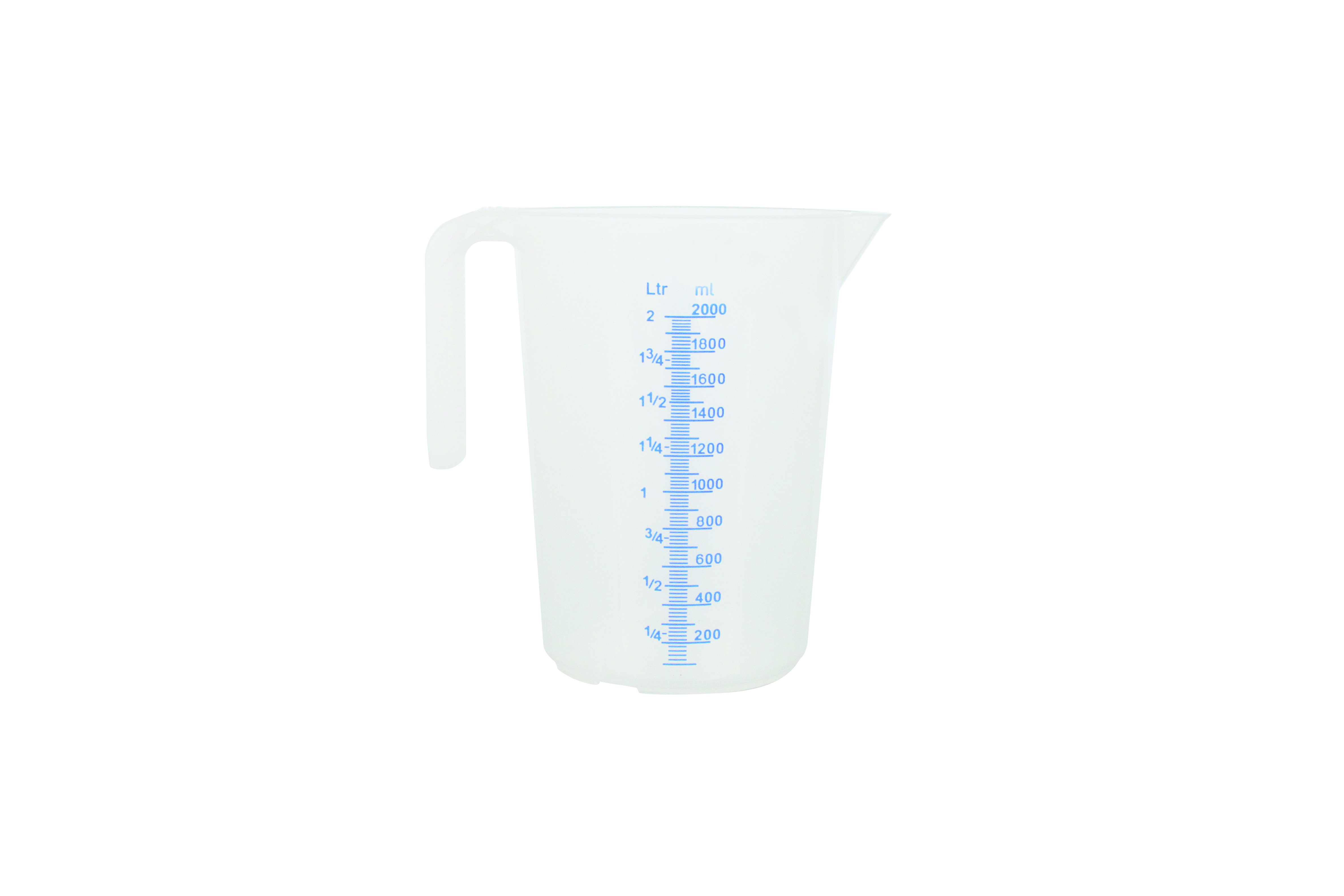 Messbecher, 2,0 ltr., geprägte Skala, blaue Schrift, offener Griff