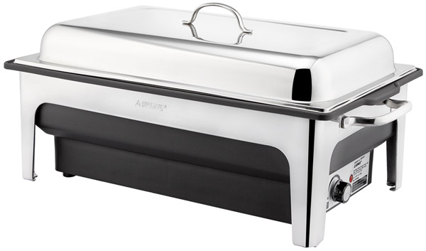 Elektro-Chafing Dish 63 x 36 cm, H: 29 cm, I: 14 ltr., Edelstahl / PP, Deckelhalterung, 900 W