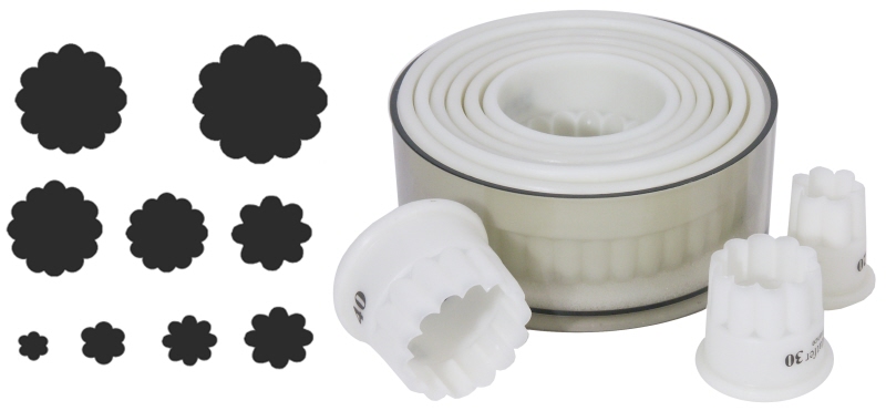 Ausstecher, rund, gewellt, 9 Stück, weißes Exoglass, D: 10 cm, H: 3 cm