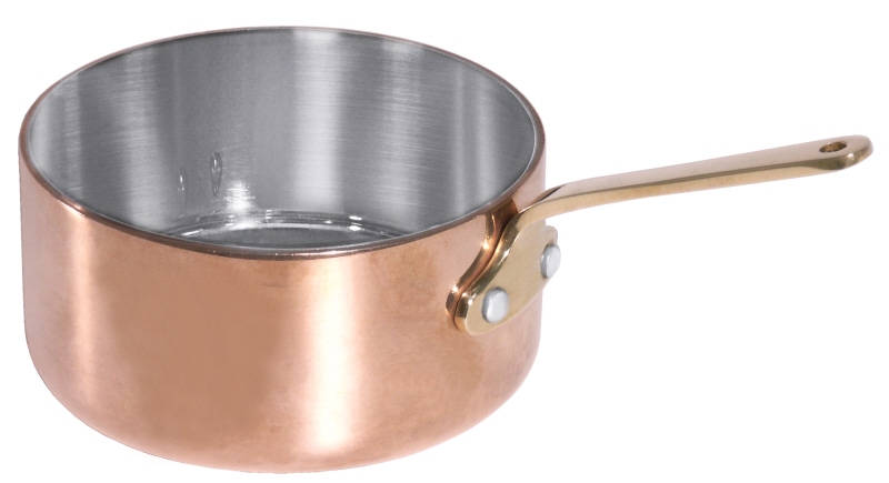 Stielkasserolle aus Kupfer/Edelstahl, flach, I: 0,25 ltr., D: 8,5 cm, H: 4,5 cm, Stiellänge: 7 cm