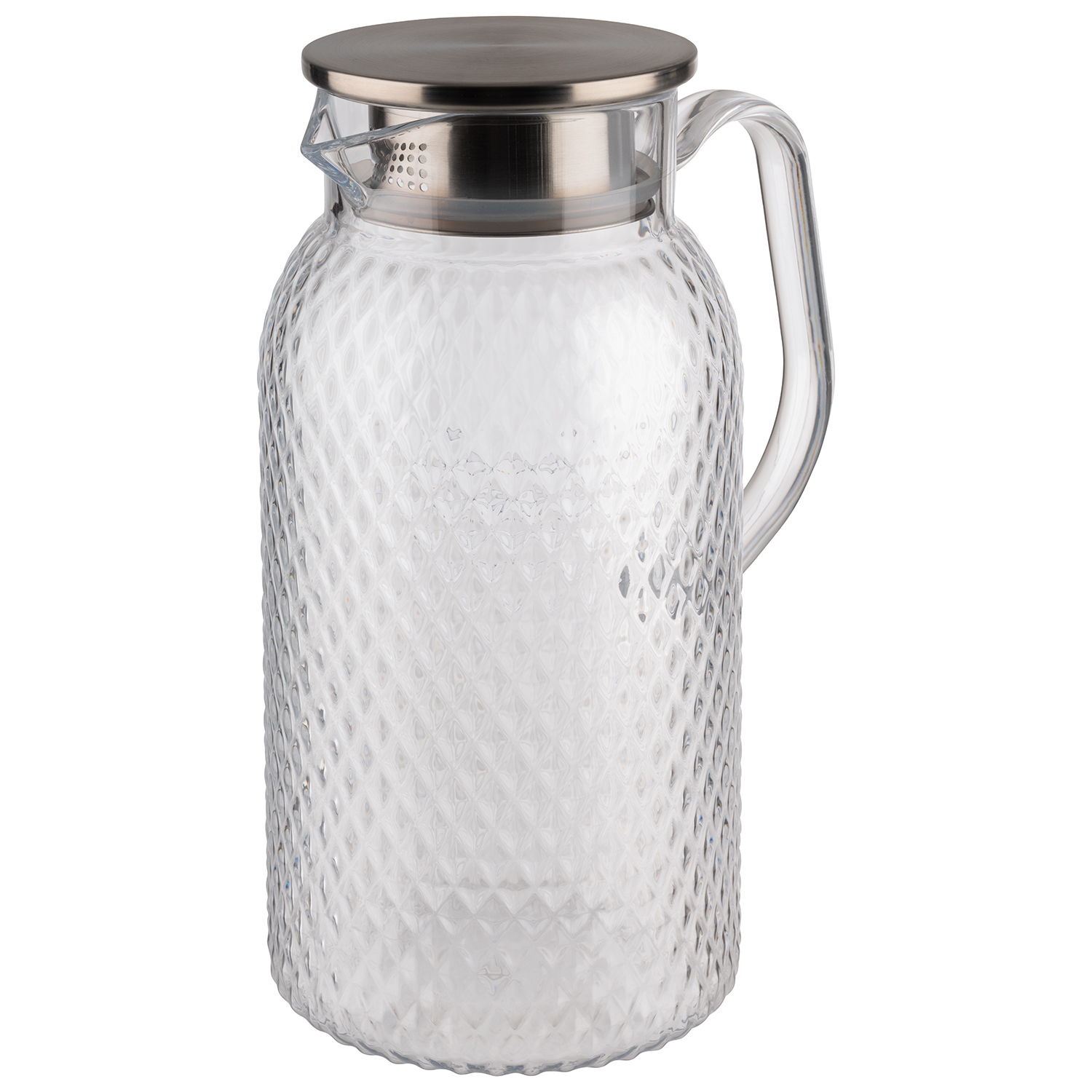 Saft-, Wasserkanne transparent m. Deckel, Polycarbonat, Edelstahl, D: 11,5 cm, H: 24 cm, I: 1,8 ltr.