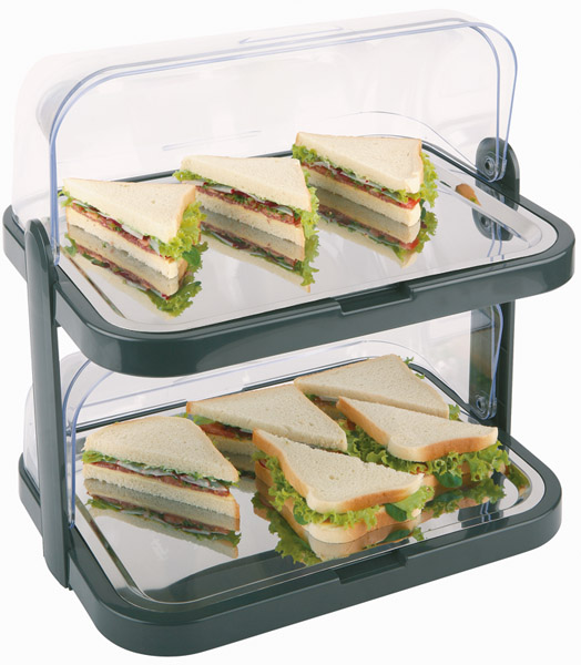 Buffetvitrine DOPPELDECKER, 44 x 32 cm, H: 44 cm, 2 Edelstahl-Tabletts, 2 Rollhauben