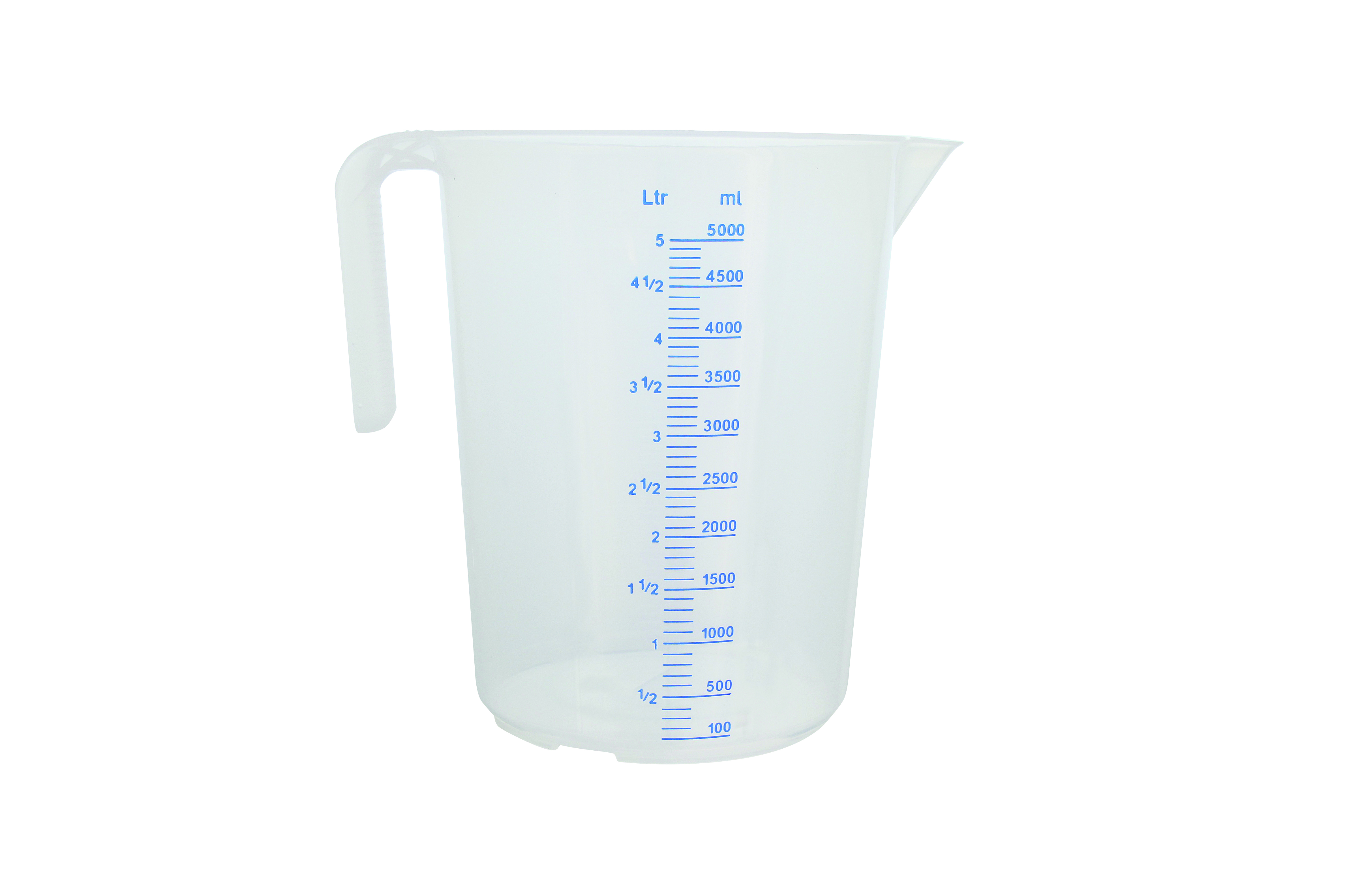 Messbecher, 5,0 ltr., geprägte Skala, blaue Schrift, offener Griff