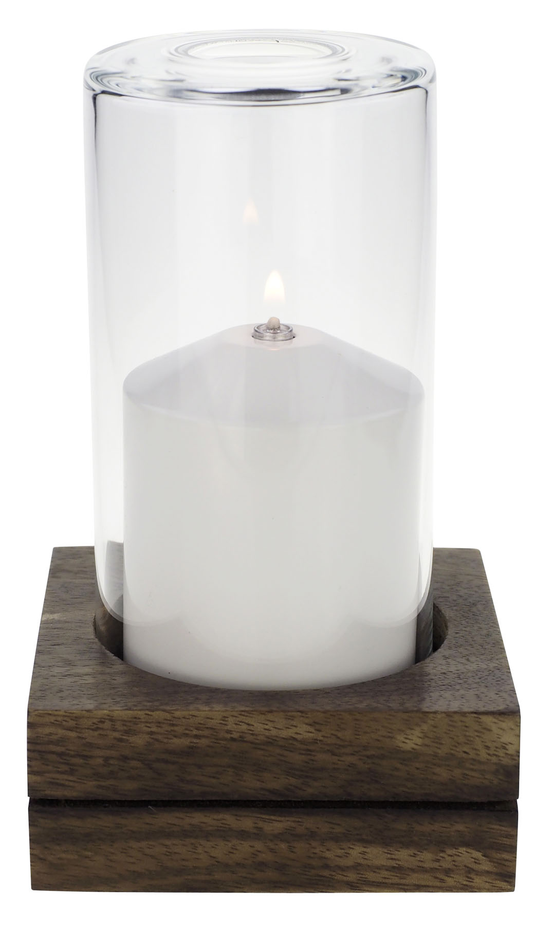 Tischlampe Blocco Big 80K, Lampenkörper: Holz braun, Glaszylinder: klar, Höhe: 16 cm