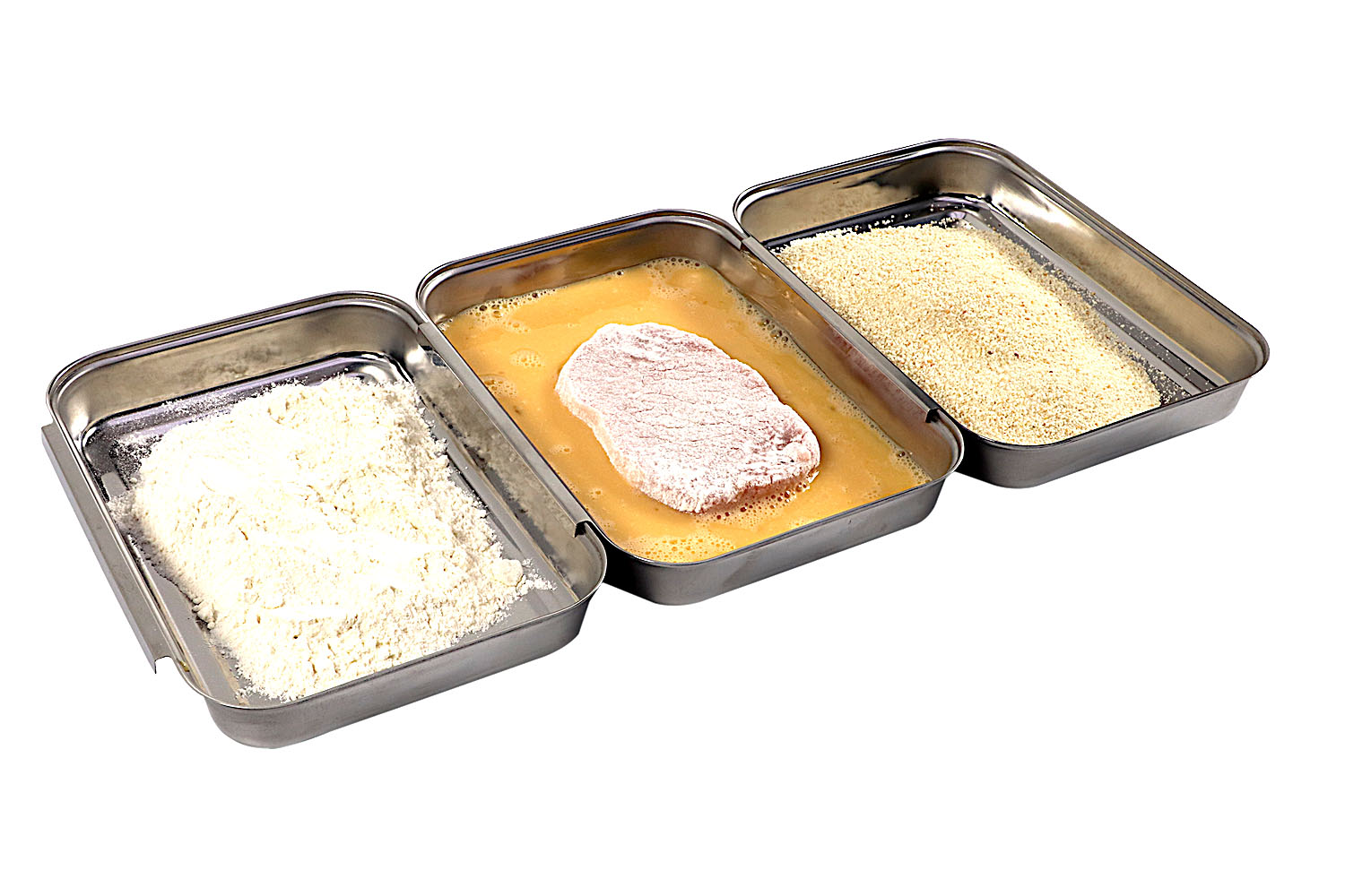 Panierstation, 3-teilig, 45,5 x 18 x 2,5 cm, 18/0 Edelstahl, poliert, mit 3 Schalen je 18 x 15,5 x 2,5 cm