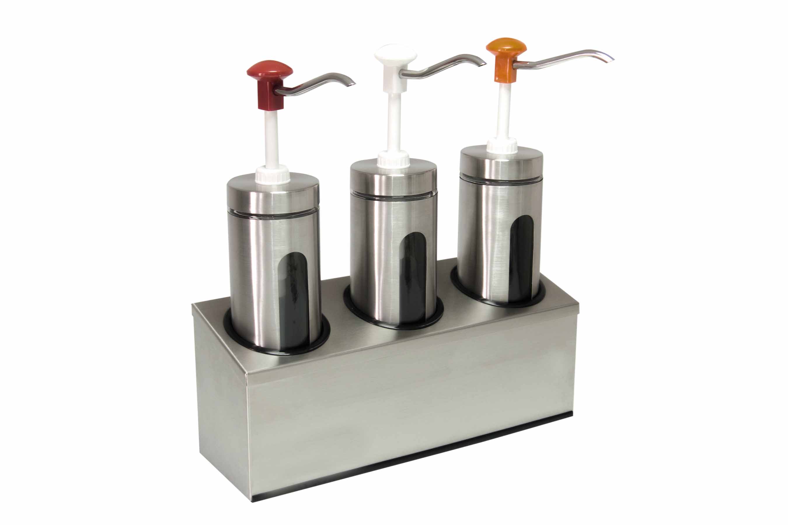 Dosierspender rund mit Sichtfenster, 3-fach weiss/ rot/ gelb, Inh. 3 x 2 ltr., 443 x 147 x 465 mm