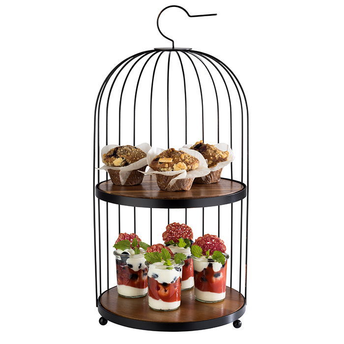 Buffetgestell BIRDCAGE, D: 26 cm, H: 54 cm, Metall, schwarz, 2 Platten aus Akazienholz