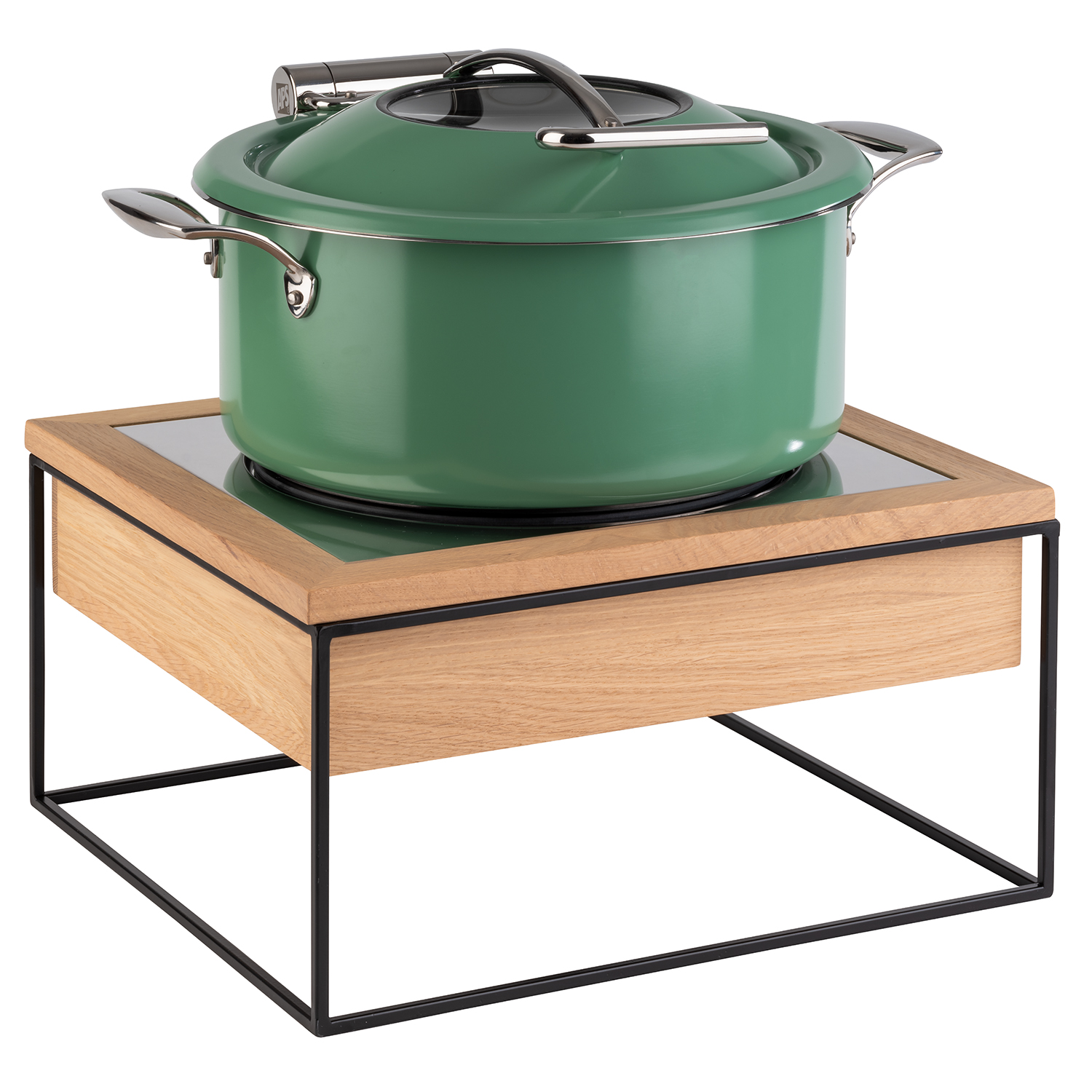 Induktionsstation, 4-tlg. Set, Metall/ Holz, Kochplatte 24 cm - 900 Watt, 35,4 x 32,5 x 19 cm