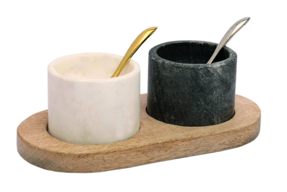 Playground, Marmor - Holzmenage 20 x 11 cm m. 2 Marmorschälchen u. 2 Löffel