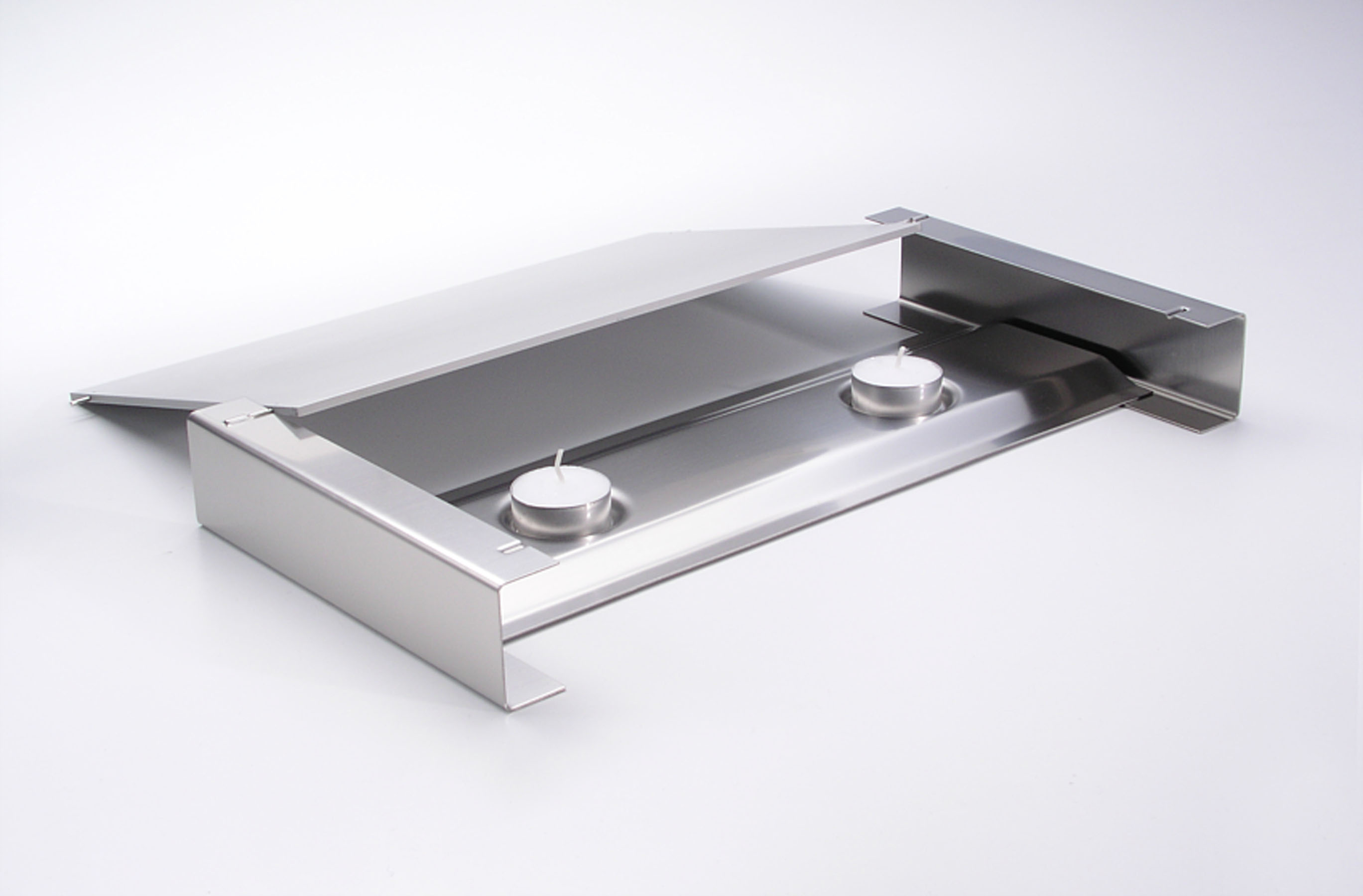 Warmhalteplatte mit 2 Teelichtern - Modell 330, Edelstahl, Aluminium, LxBxH: 384 x 200 x 52 mm