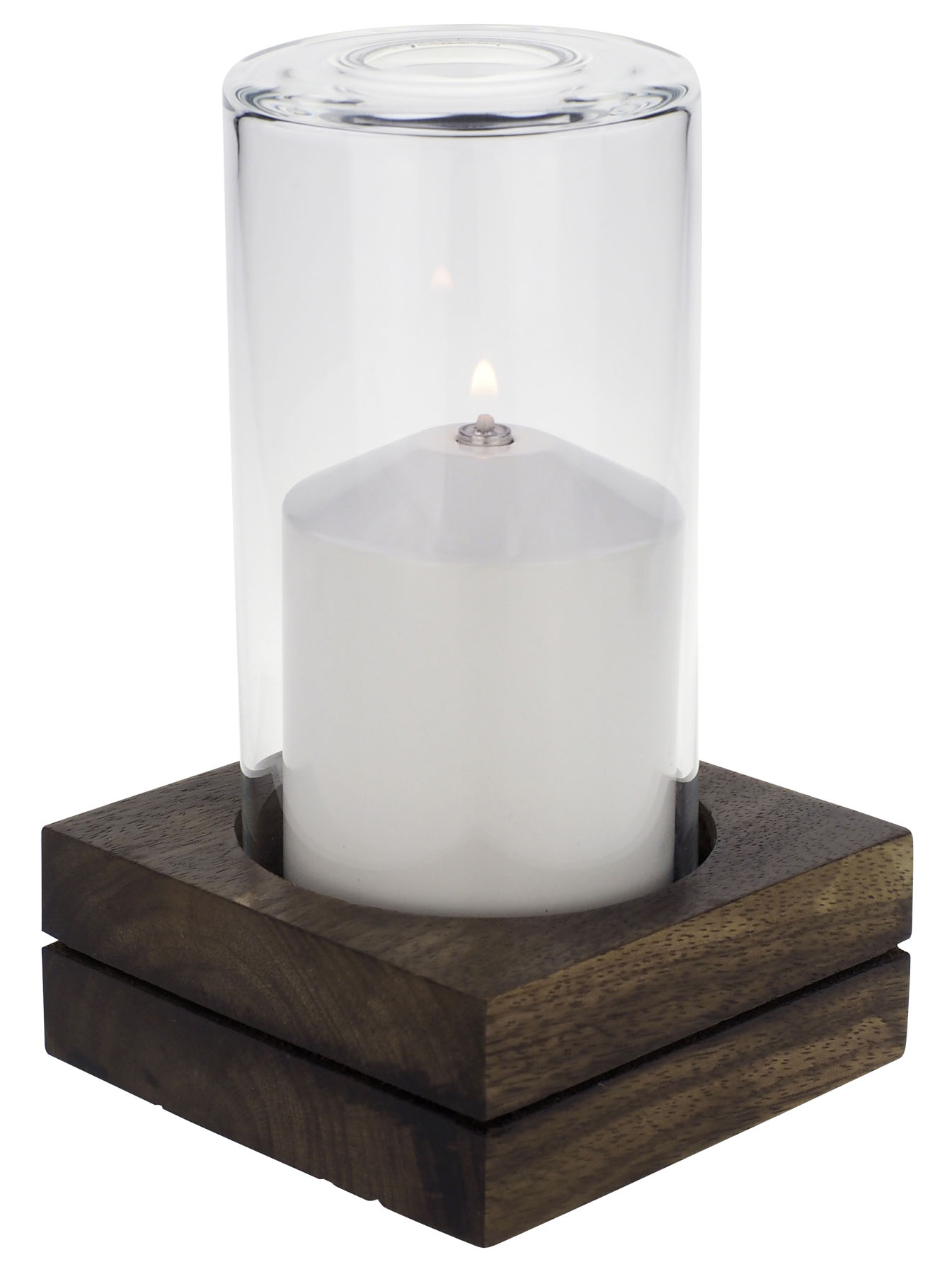 Tischlampe Blocco Big 80K, Lampenkörper: Holz braun, Glaszylinder: klar, Höhe: 16 cm