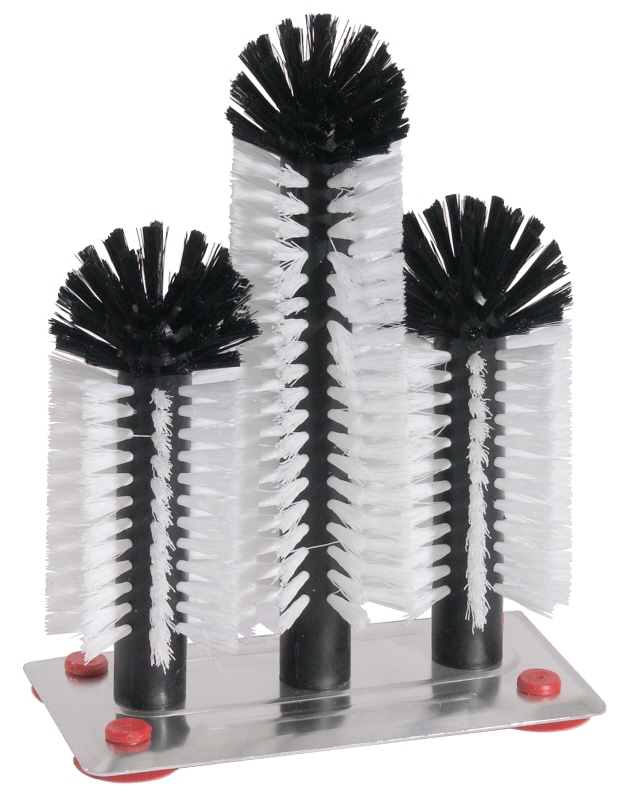 Gläserbürsten auf Aluminiumplatte 19 x 10 cm, Borsten aus PP, D: 7 cm, H: 18/24/18 cm
