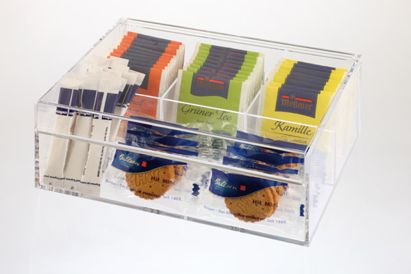 Teebox / Multibox 22 x 17 cm, H: 9 cm, MS, 3 Fächer, transparent