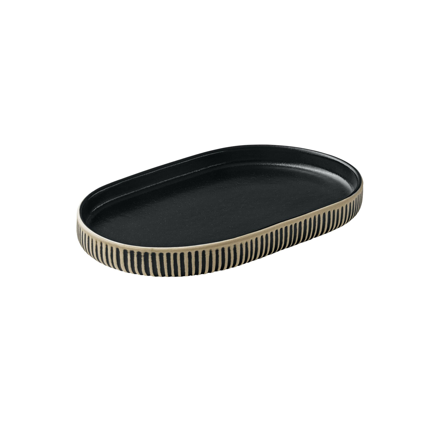 Playground, Steinzeug - NARA Schwarz/ Weiss : Platte oval , Relief, 18 cm