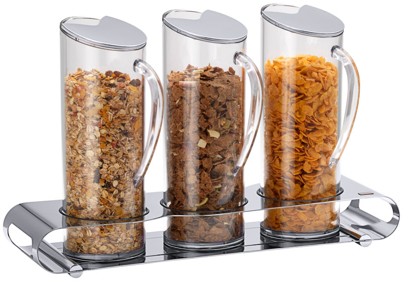 UNISON Müsliflöte Trio, 3 x 1,5 ltr. SAN Behälter, polierter Edelstahl, L: 140 mm, B: 470 mm, H: 290 mm