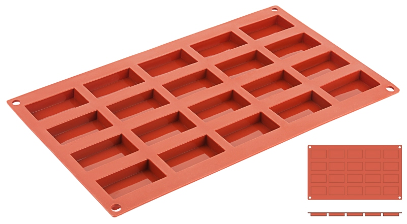 Silikon-Backmatte Flachbarren, 20 Formen, D: 2,6 cm, H: 1,1 cm