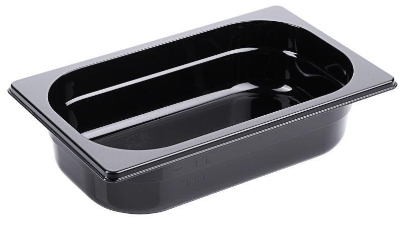 GN-Behälter 1/4, Polycarbonat schwarz, 26,5 x 16,2 cm Tiefe: 65 mm, I: 1,73 ltr.