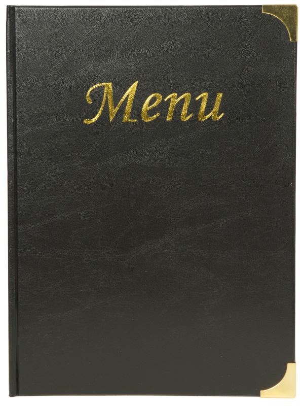 Speisekartenmappe, A4, PVC, Metallecken, schwarz, H: 31 cm, B: 23,5 cm