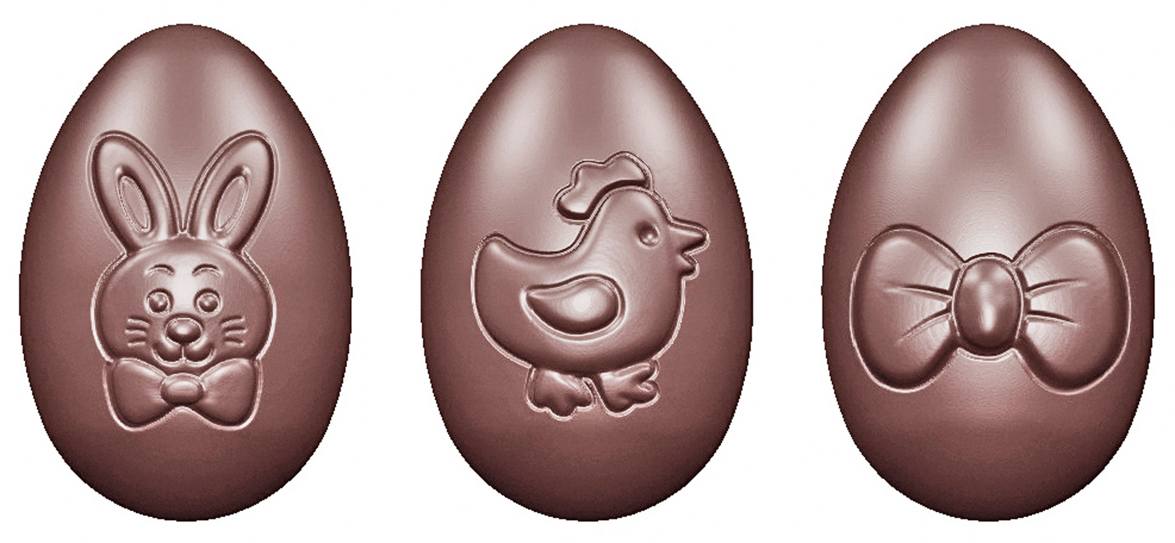 Schokoladen- Form Ostereier, Doppelform, 3 Arten, 275 x 135 mm, 3 x 4 Stück 62 x 41 x 23 mm